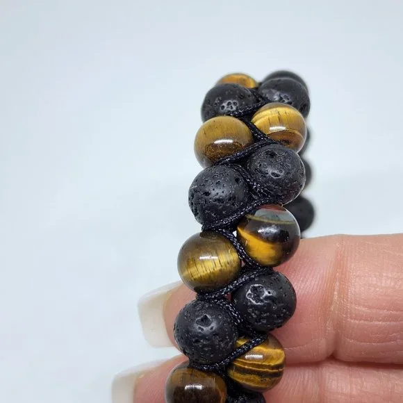 Natural Tiger Eye Black Lava Stone Double Strand Adjustable Lariat Bracelet
